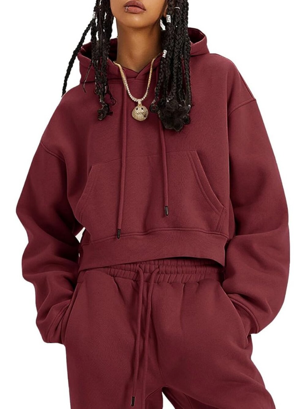 Cozy Women's Fleece 2-Piece Sweatsuit Set - Hoodie & Crop Top with Pants
